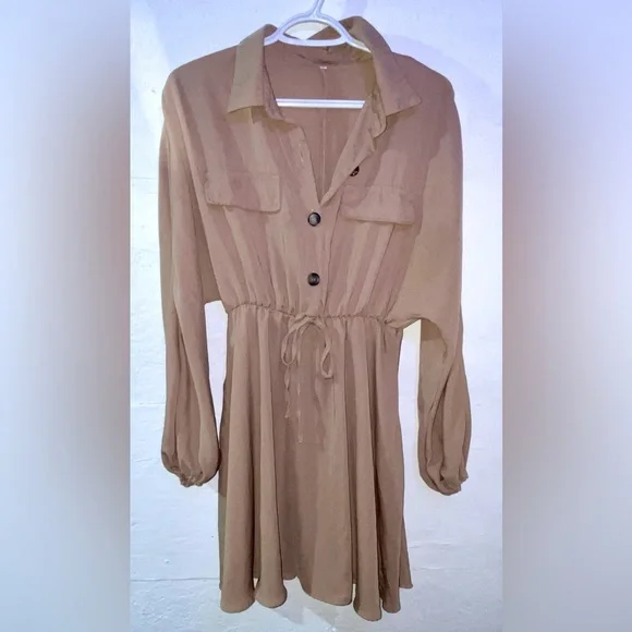 Tan Long Sleeve Dress Medium Empire Waist Collared Balloon Sleeve - Picture 2 of 6
